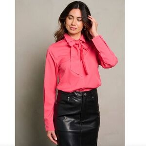 Alamia Neck Tie Coral Long Sleeve Button Up Blouse
